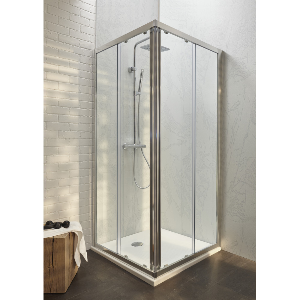 Pack douche avec receveur 90 x 90 cm, colonne douche Brigitte et paroi de douche accès d'angle Serenity Jacob Delafon