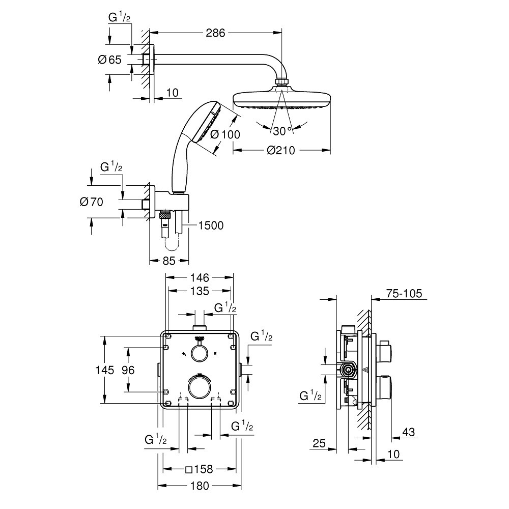 Installation robinet douche encastrable Grohe Grohtherm Tempesta 210