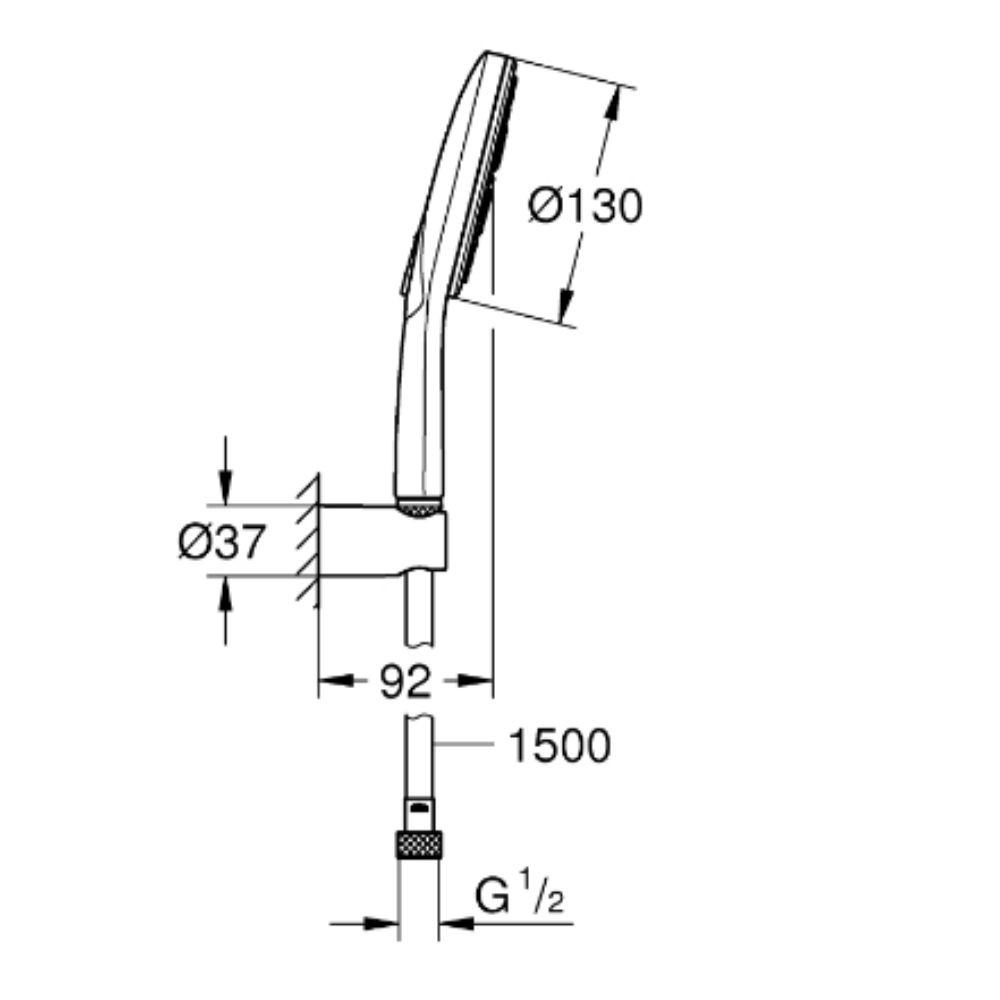 Schéma ensemble de douche, avec douchette 3 jets et support de douche ajustable GROHE Rainshower SmartActive 130