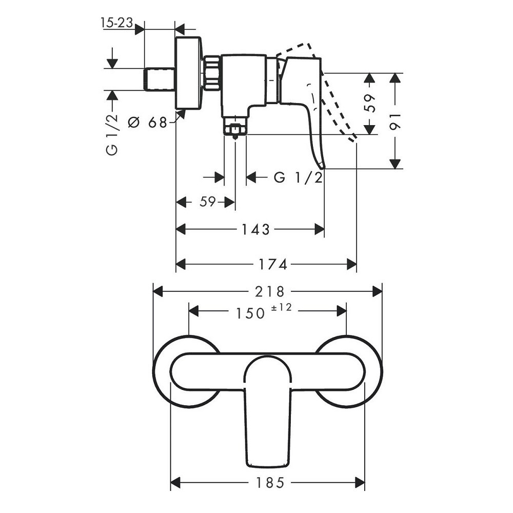 Dimensions robinet de douche Hansgrohe Metris