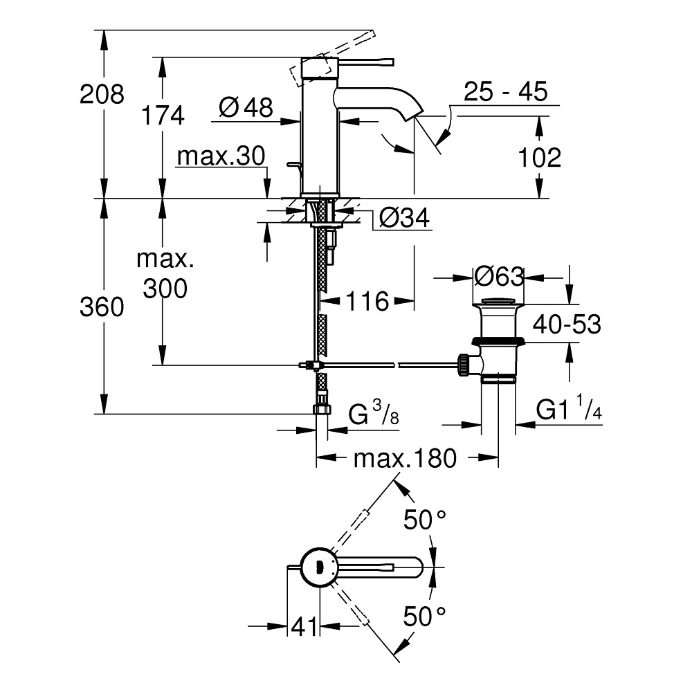 Dimensions robinet lavabo Grohe Essence - Taille S