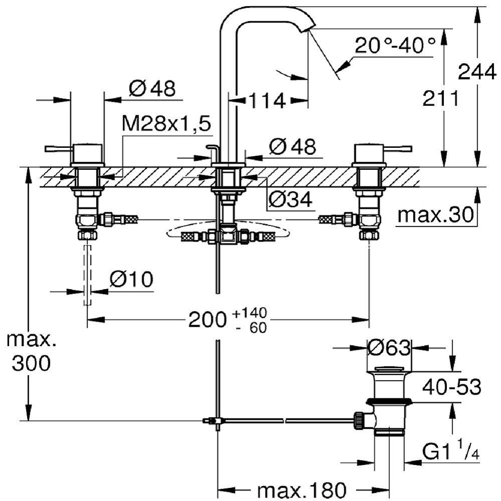 Dimensions Grohe essence mélangeur lavabo 3 trous taille L