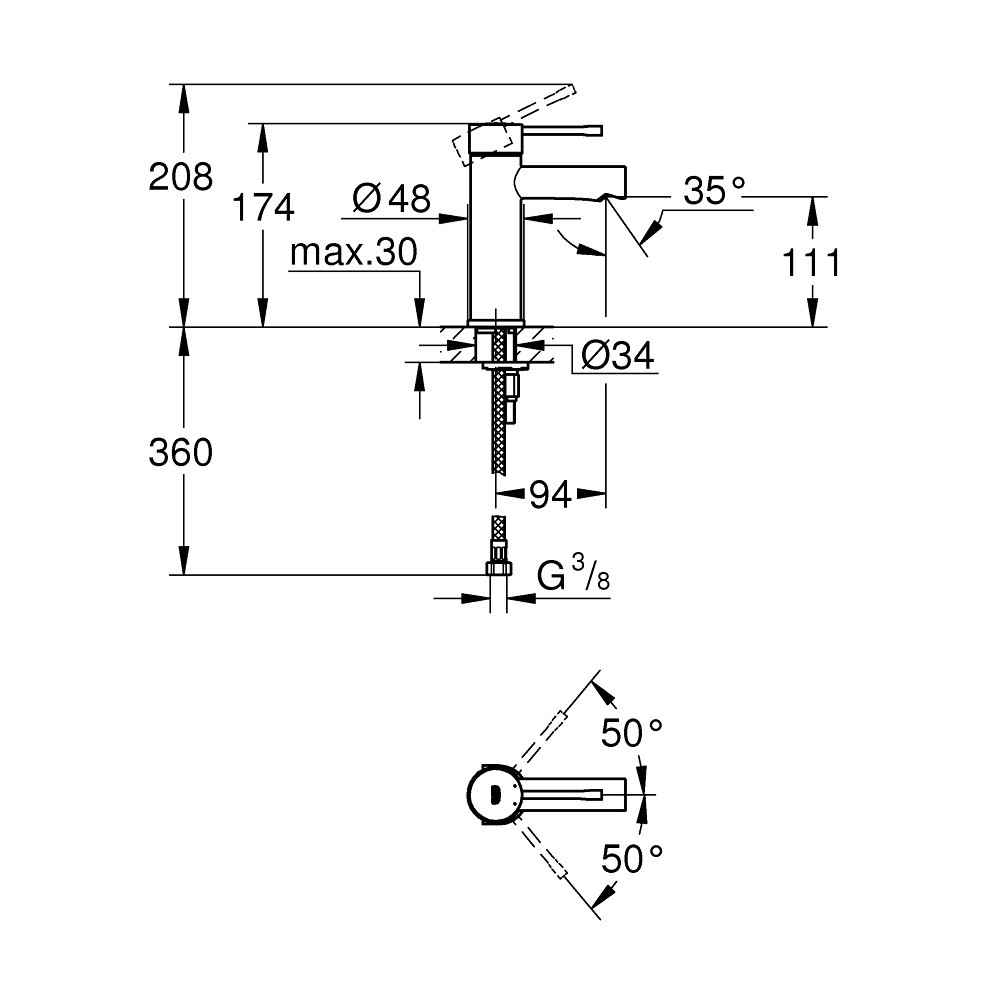 Dimensions robinet lavabo Grohe Essence