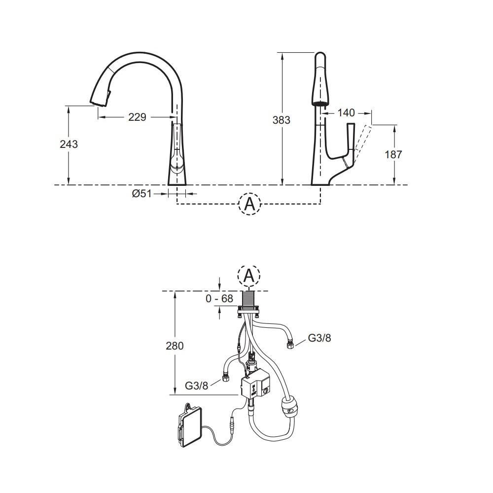 Dimensions du robinet cuisine infrarouge avec douchette Jacob Delafon Malleco