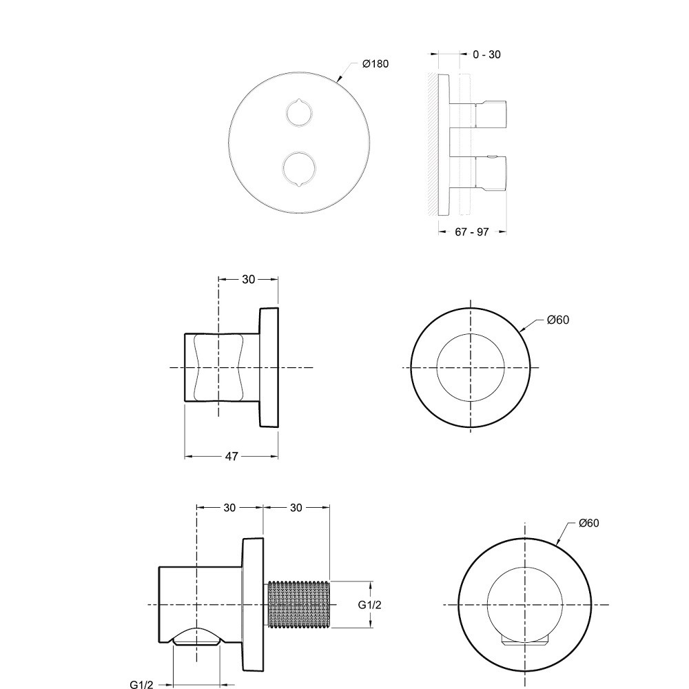 dimension facade jacob delafon ensemble douche mitigeur thermostatique encastrable modulo rond