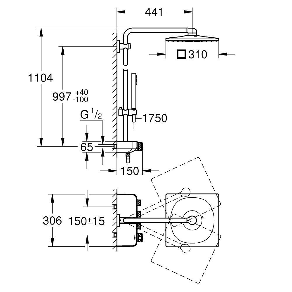 Dimensions colonne douche thermostatique Grohe Euphoria SmartControl System 310 Cube Duo 