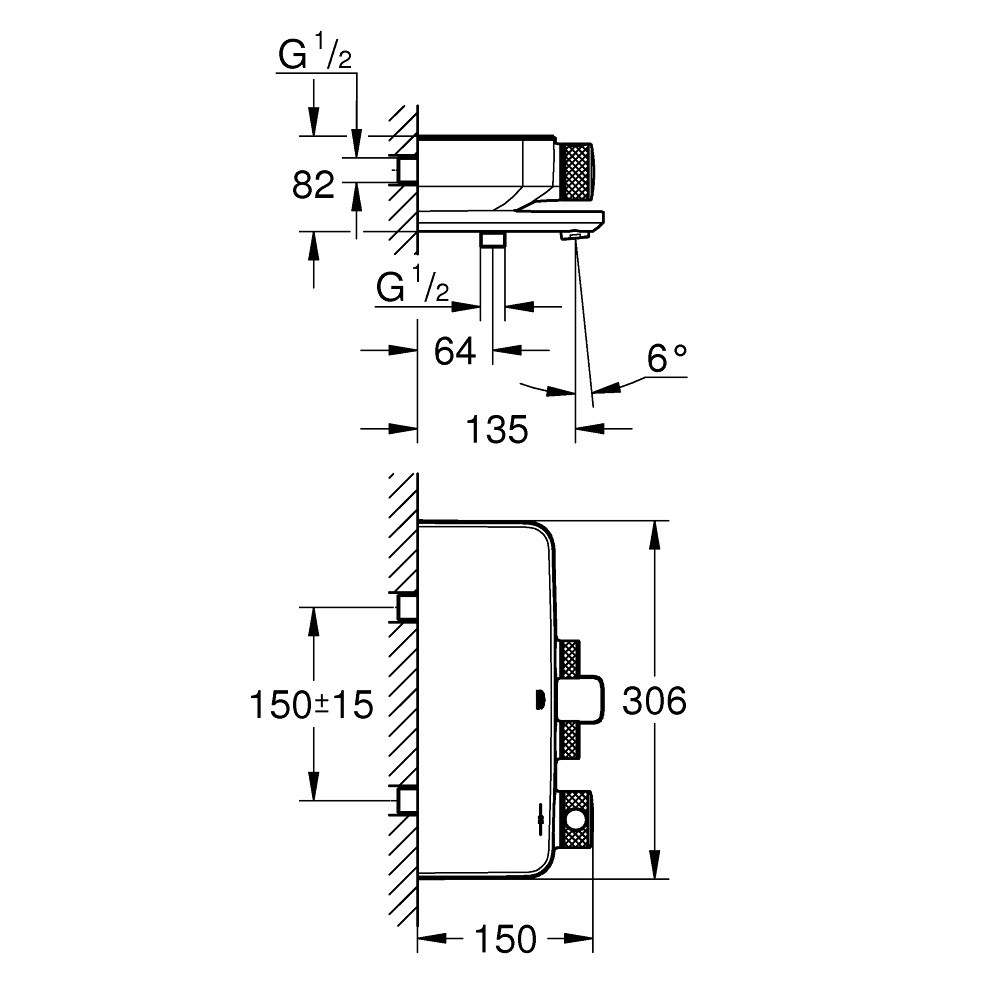 Dimensions mitigeur baignoire thermostatique Grohe Grohtherm Smartcontrol 