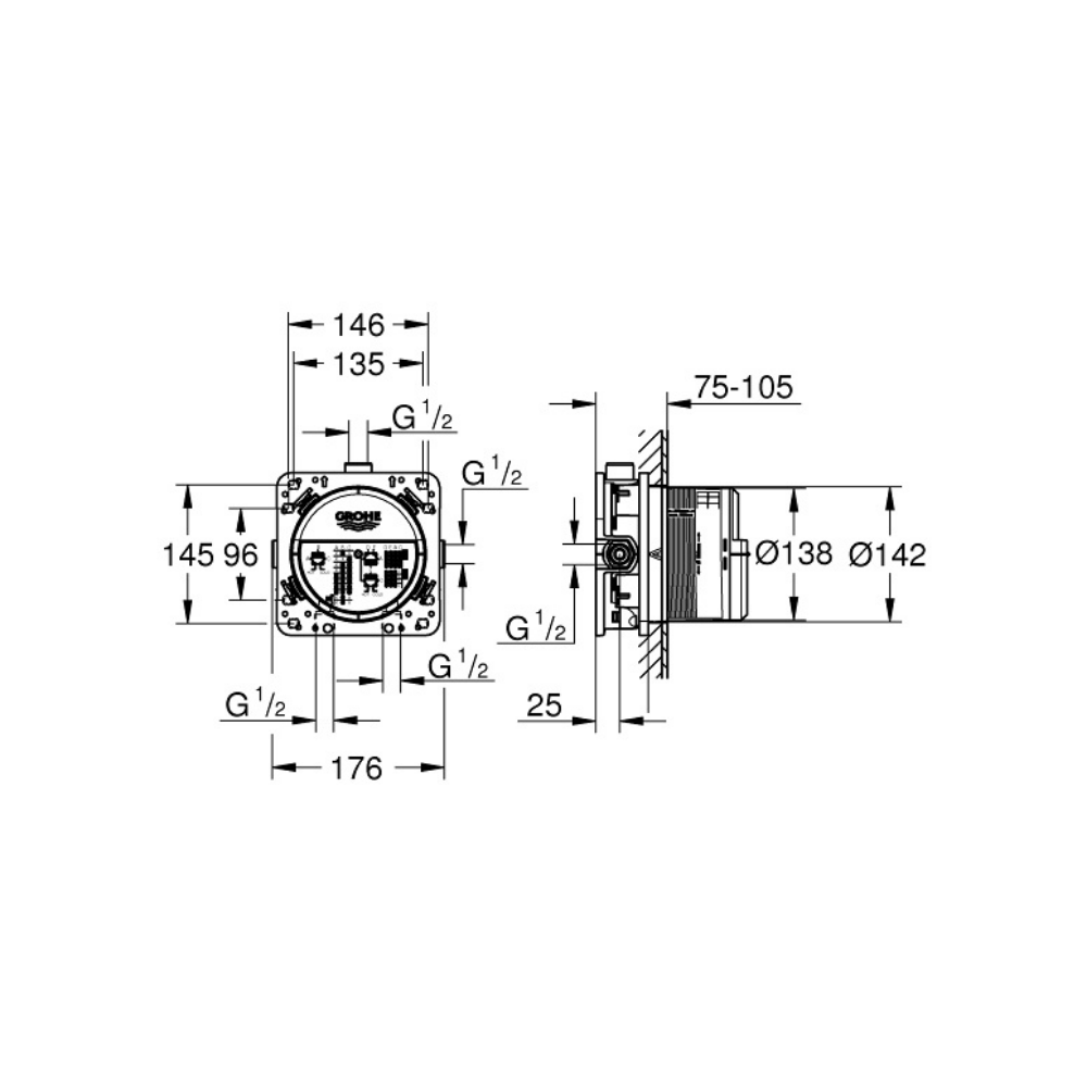 Façade mitigeur thermostatique encastrable Grohe Grohtherm SmartControl, rond 2 sorties + corps d'encastrement universel Grohe R