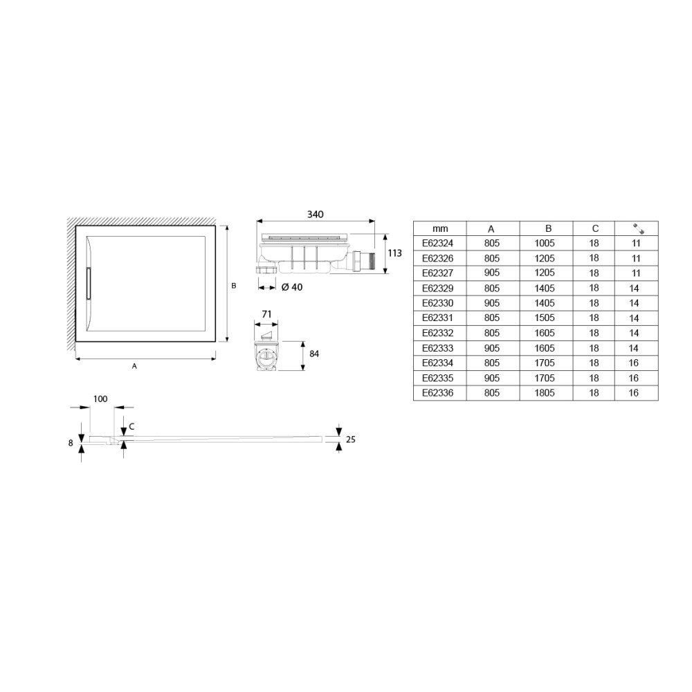 Receveur Flight Pure 170x90 antidérapant Jacob Delafon schéma  