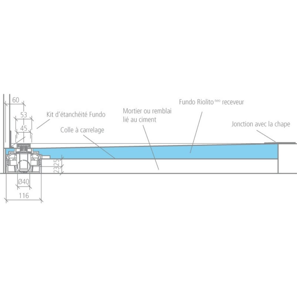 Schéma côté de l'écoulement horizontal pour receveur WEDI Fundo Riolito Riofino