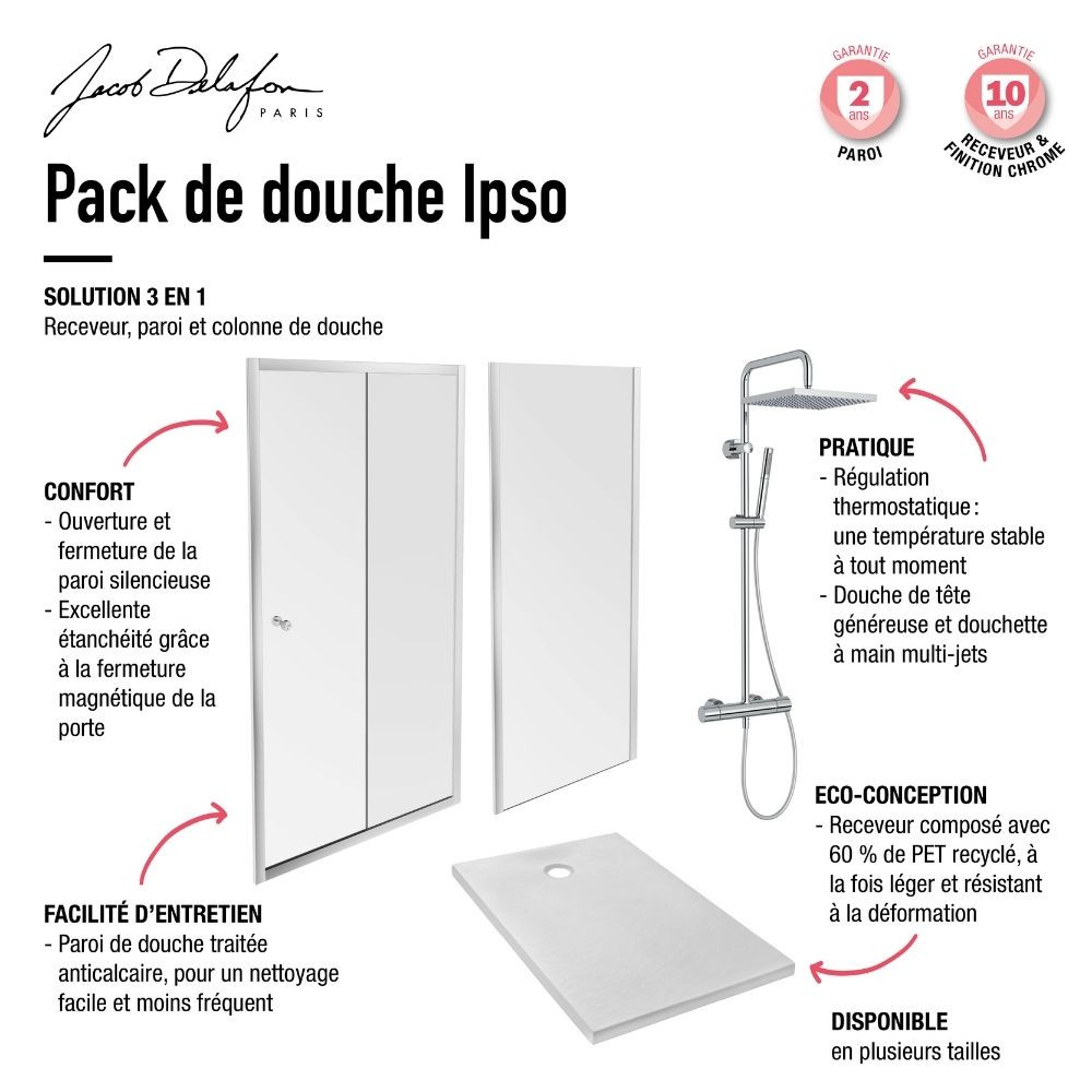 Pack douche avec receveur 90 x 90 cm, colonne douche Brigitte et paroi de douche accès d'angle Serenity Jacob Delafon