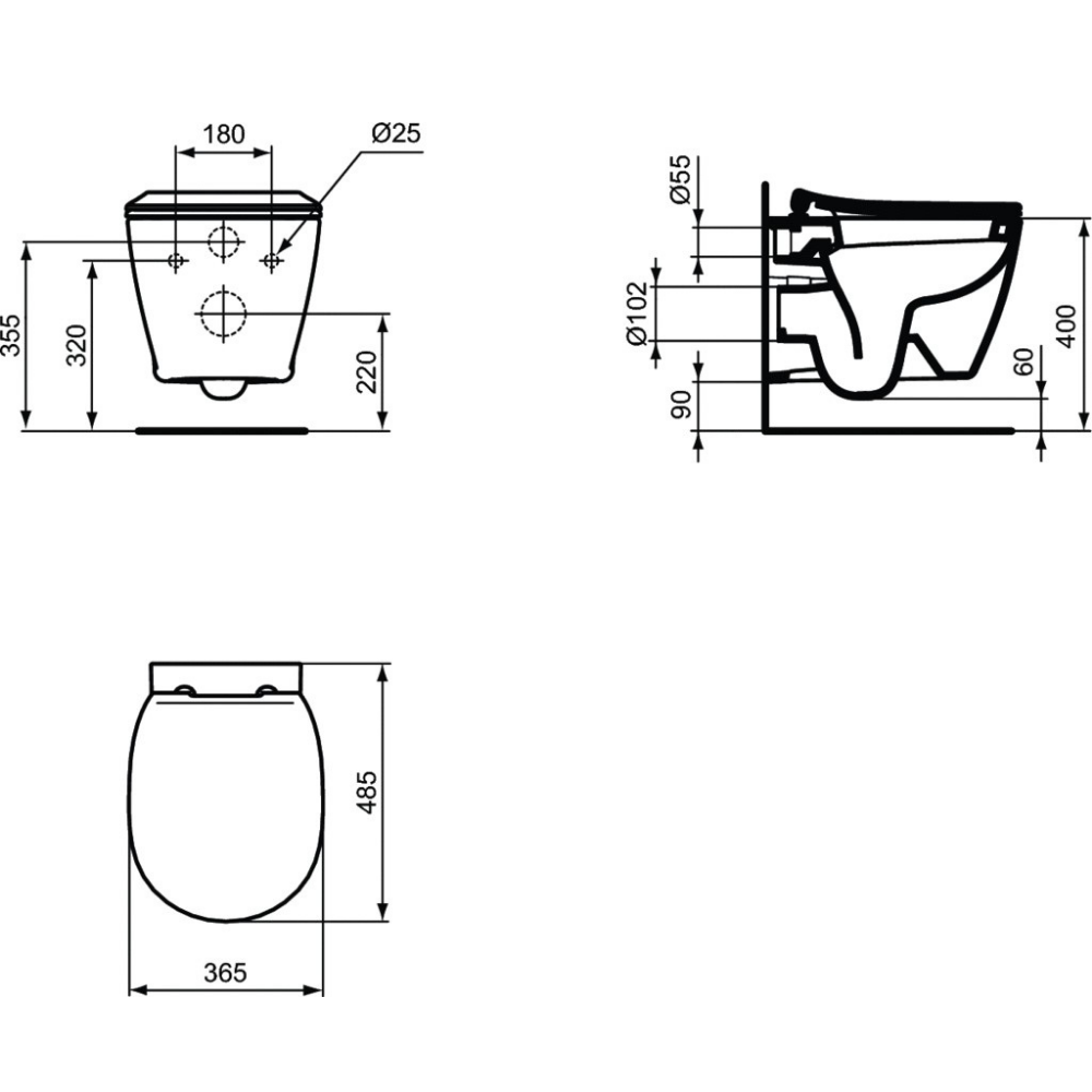 Pack WC suspendu avec abattant Ideal Standard Connect space schéma