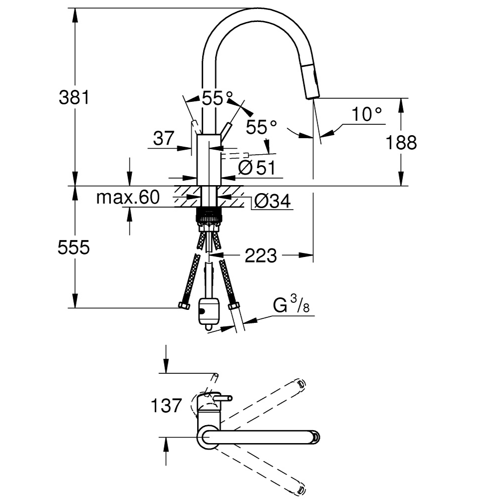Dimensions robinet cuisine douchette Grohe Concetto