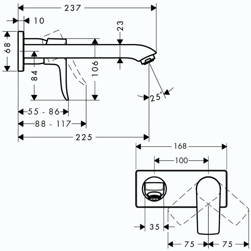 Schéma dimension mitigeur lavabo encastré mécanique mural Hansgrohe Metris 225 mm