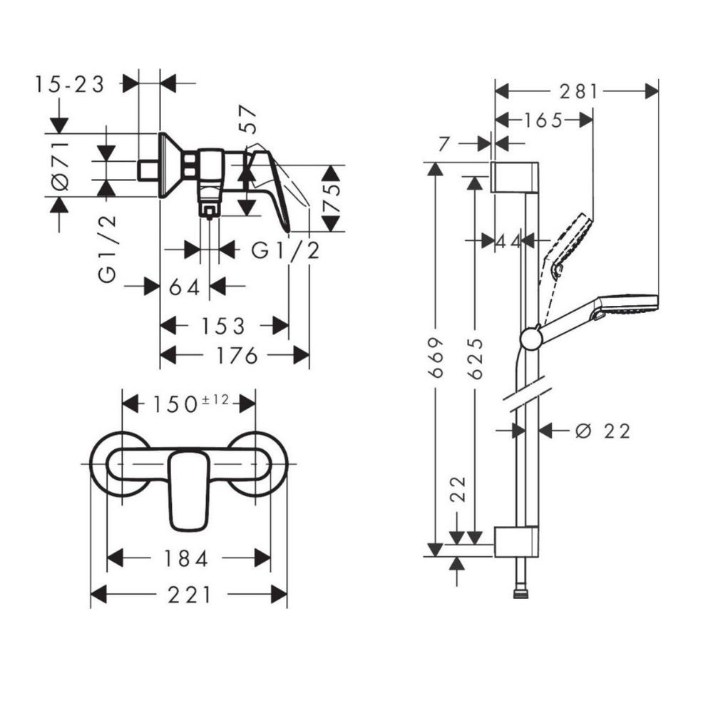 Schéma technique dessin Pack mitigeur douche mécanique mural 2 trous Hansgrohe Logis 1 sortie complet