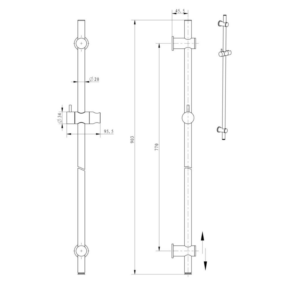 Barre de douche complète Paini Cox 90 cm noir brossé schéma côte 