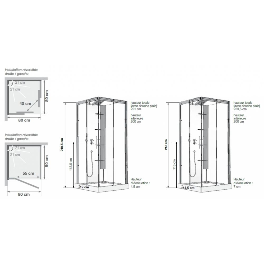 Cabine douche Kinedo Horizon Hydromassante 80x80 chromé porte coulissante schéma côte