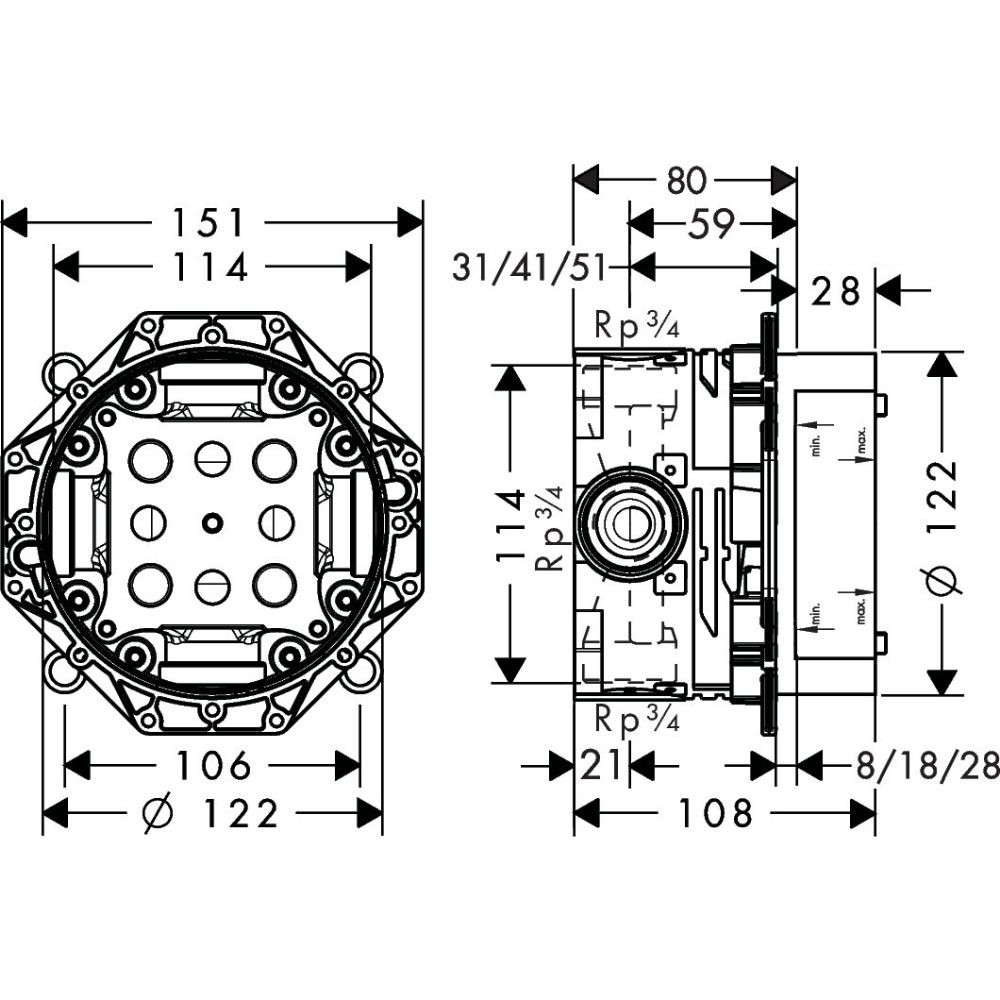 Dimensions du corps encastré Ibox de Hansgrohe