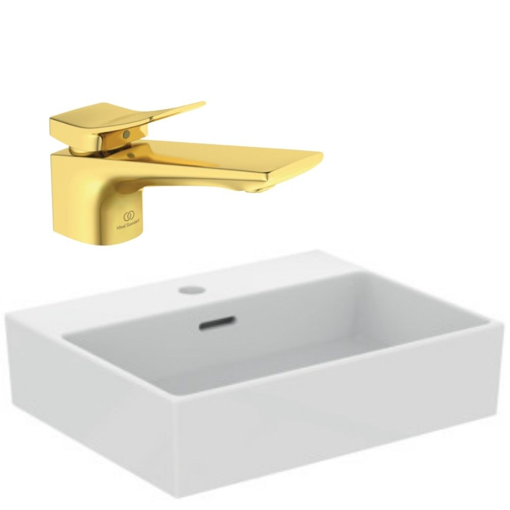 Pack Vasque 50x40 Ideal Standard Extra avec trop plein + Mitigeur Conca or