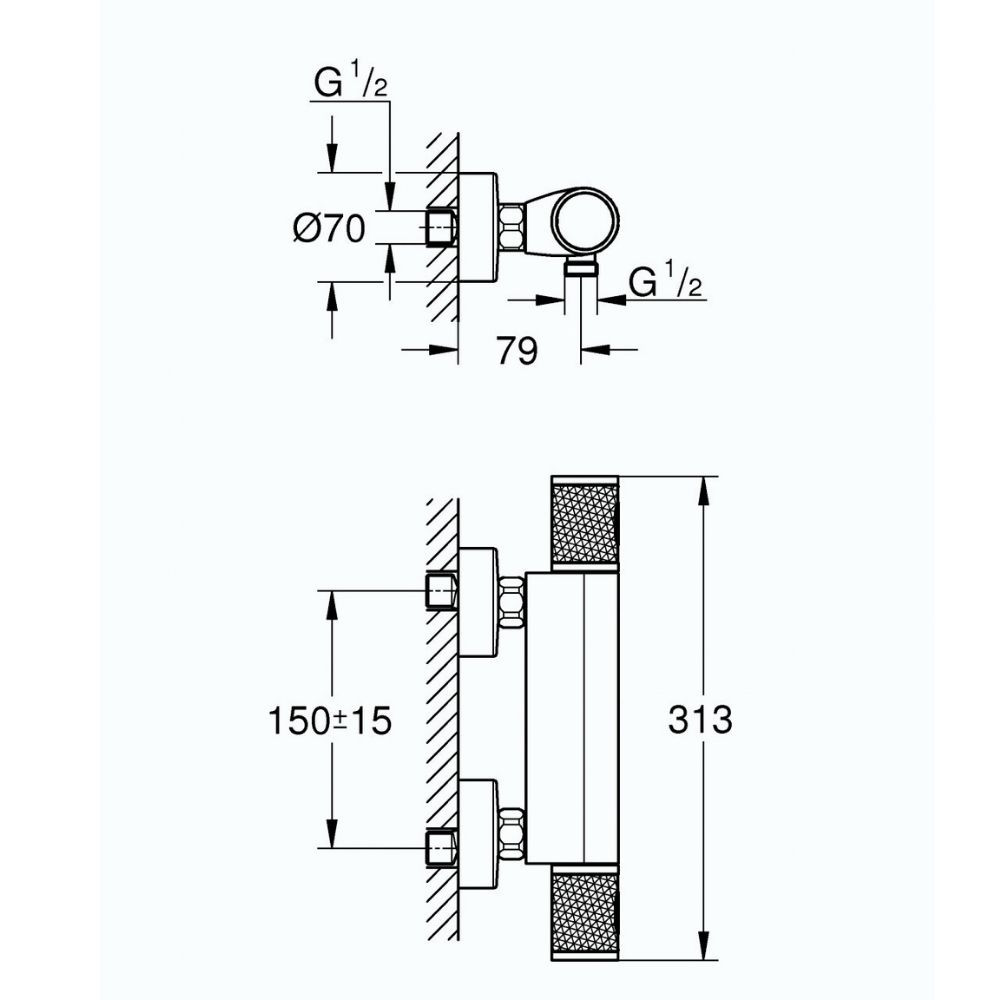 Mitigeur thermostatique de douche Grohe Mural Precision Feel THM schéma côté