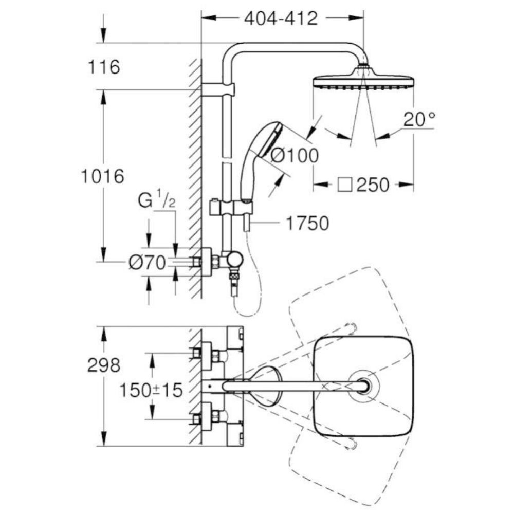 Dessin technique Colonne de douche Grohe avec mitigeur thermostatique Vitalio start system 250 Cube