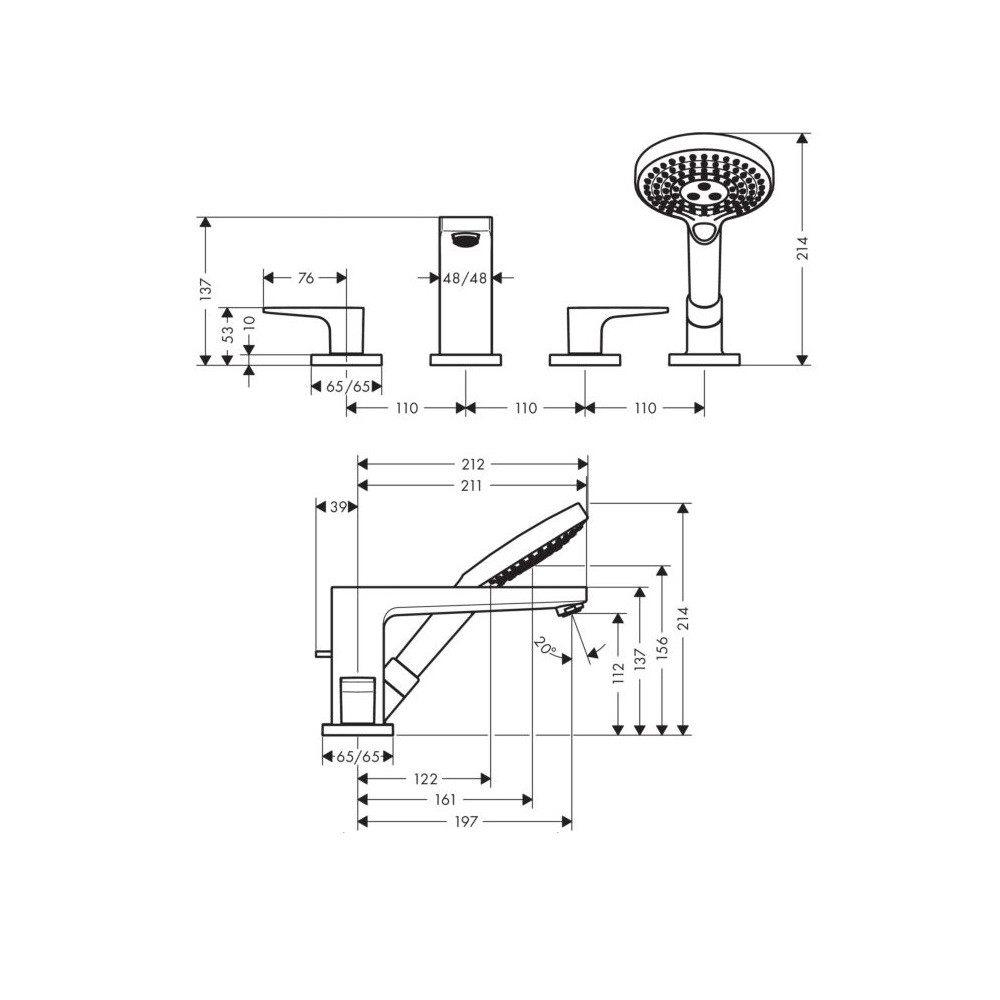 74552000 dimensions Mélangeur 4 trous HANSGROHE Metropol pour baignoire avec Secuflex poignée étrier Chromé