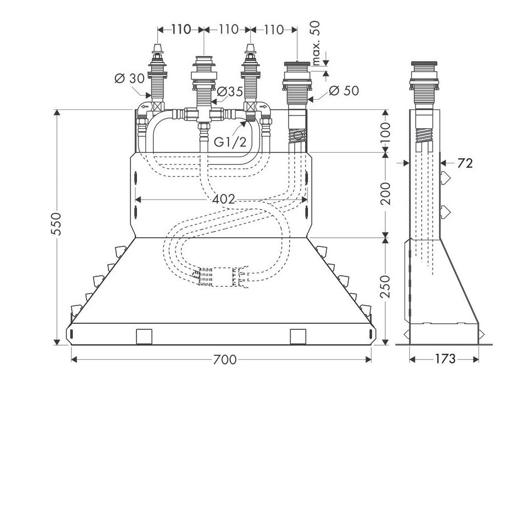 13444180 Dimensions Corps encastré HANSGROHE pour mélangeur 4 trous de baignoire