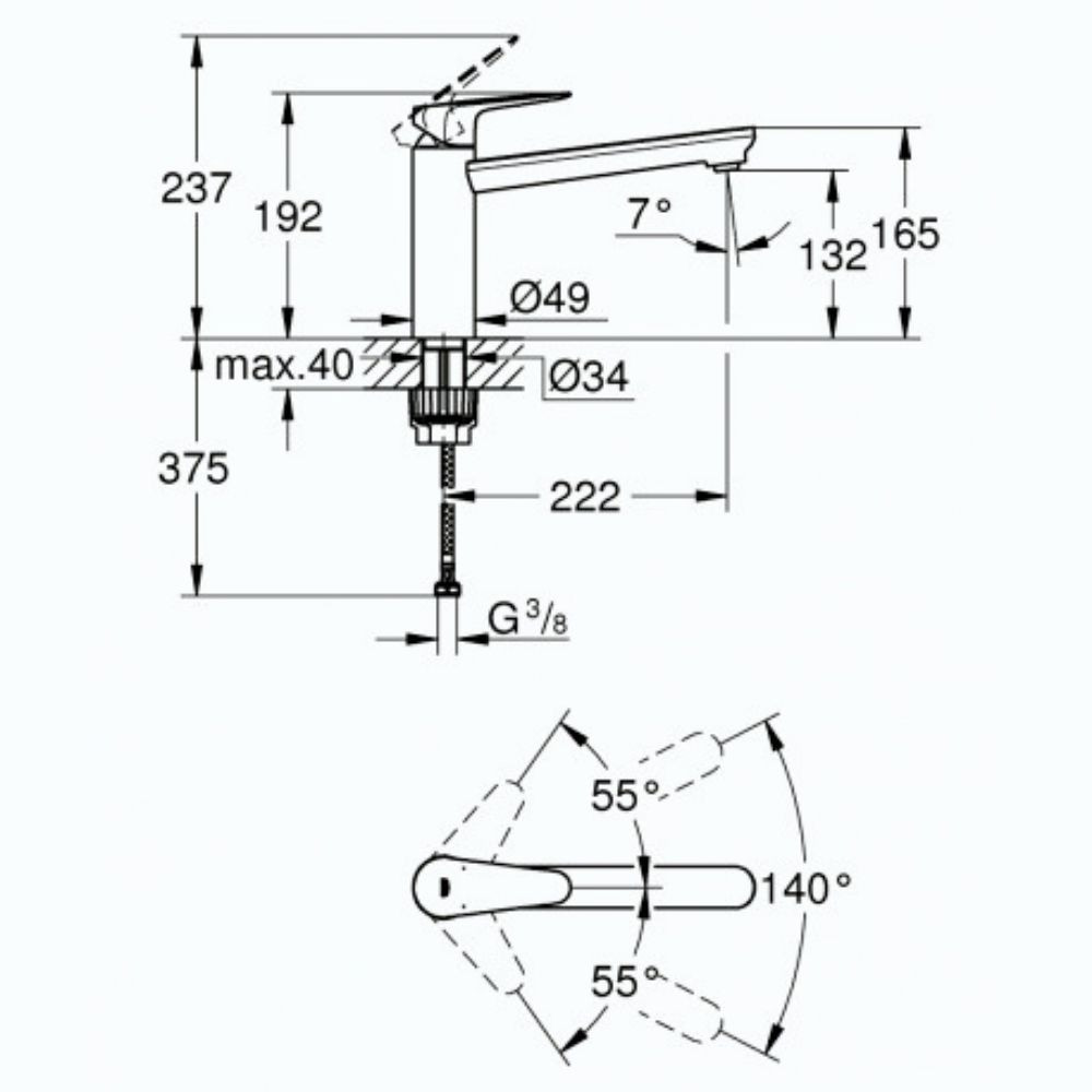 31717000 schéma côte  Mitigeur cuisine GROHE Start Curve Bec bas Chromé