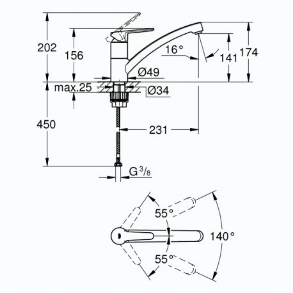 31685000 schéma côte Mitigeur cuisine GROHE StartEco Bec bas Chromé