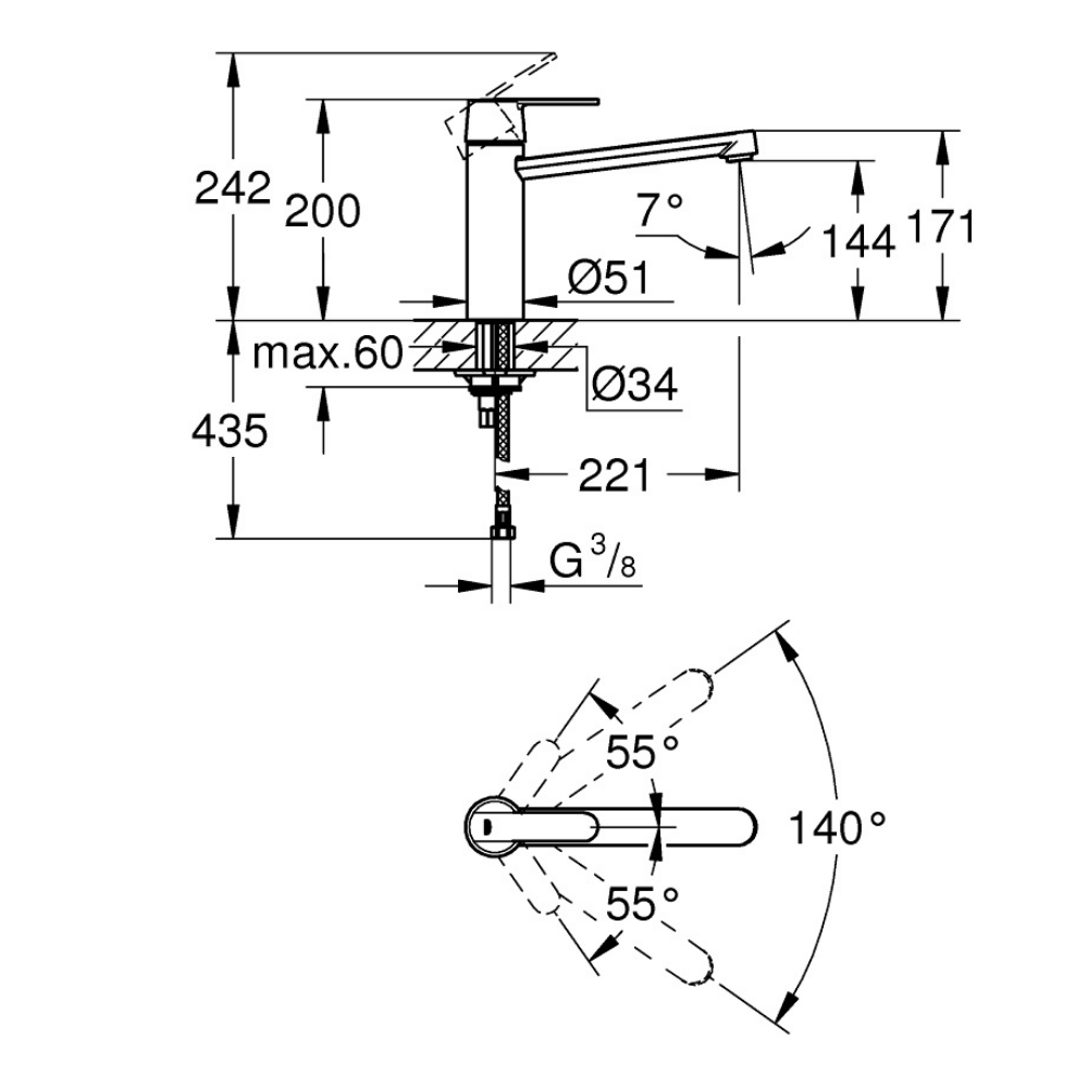 30196DC0 schéma technique mitigeur cuisine GROHE Get Bec bas Supersteel
