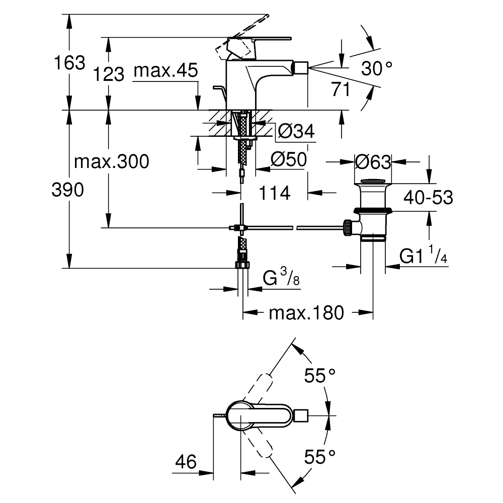 32885000 schéma technique mitigeur bidet GROHE Get taille S Chromé