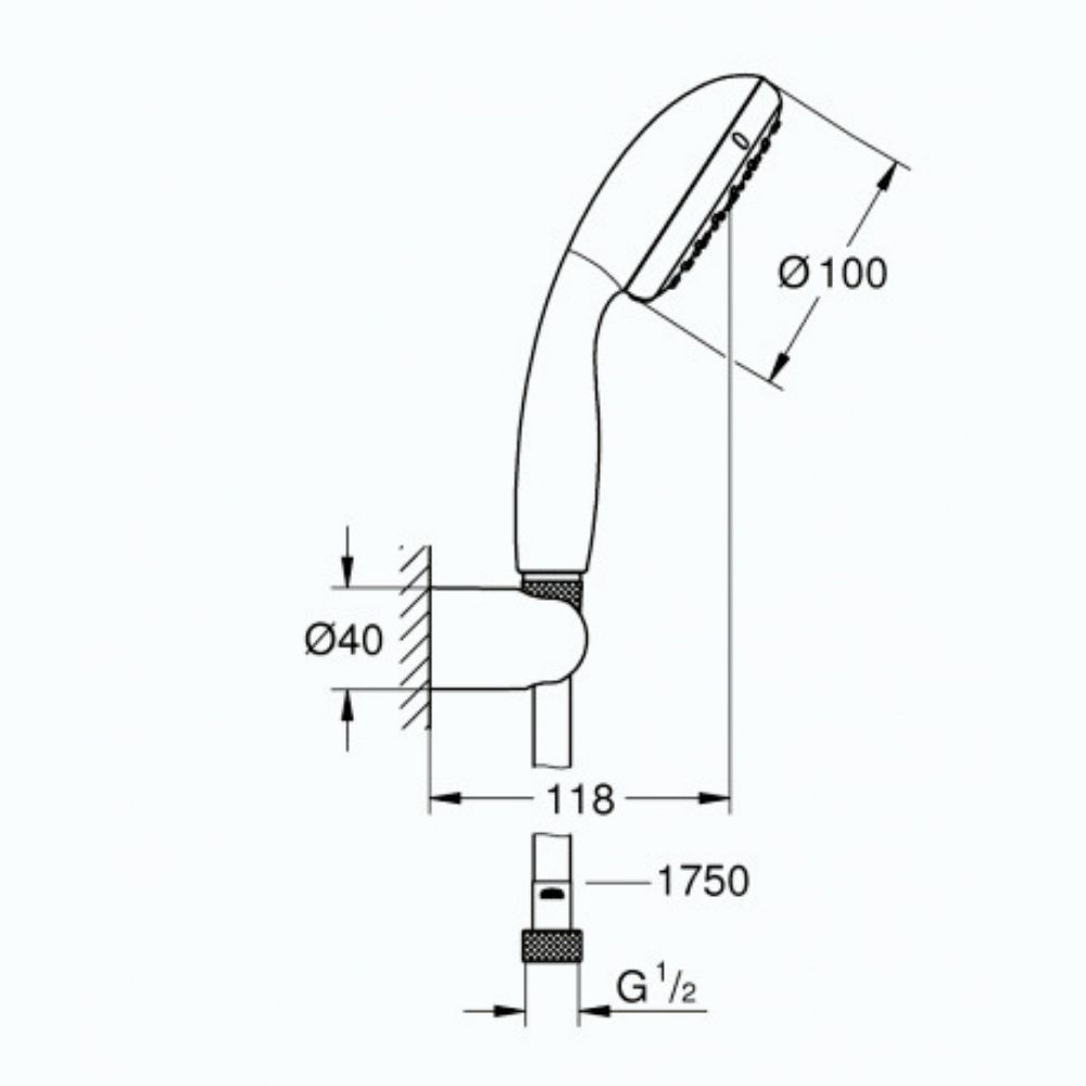 26198000 schéma côte   Ensemble de douche 1 jet GROHE avec support mural Vitalio Go 100 Chromé