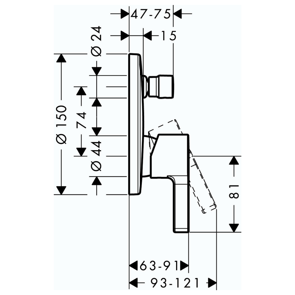 31465000 schéma technique pour la façade HANSGROHE Metris S pour mitigeur bain douche encastré Chromé