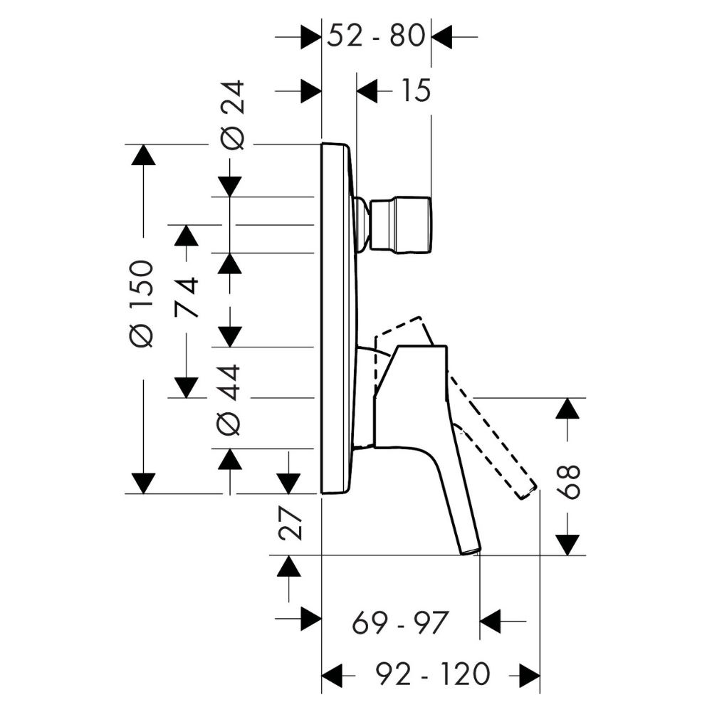 72405000 schéma technique de la façade Hansgrohe Talis S pour mitigeur bain douche encastré Chromé
