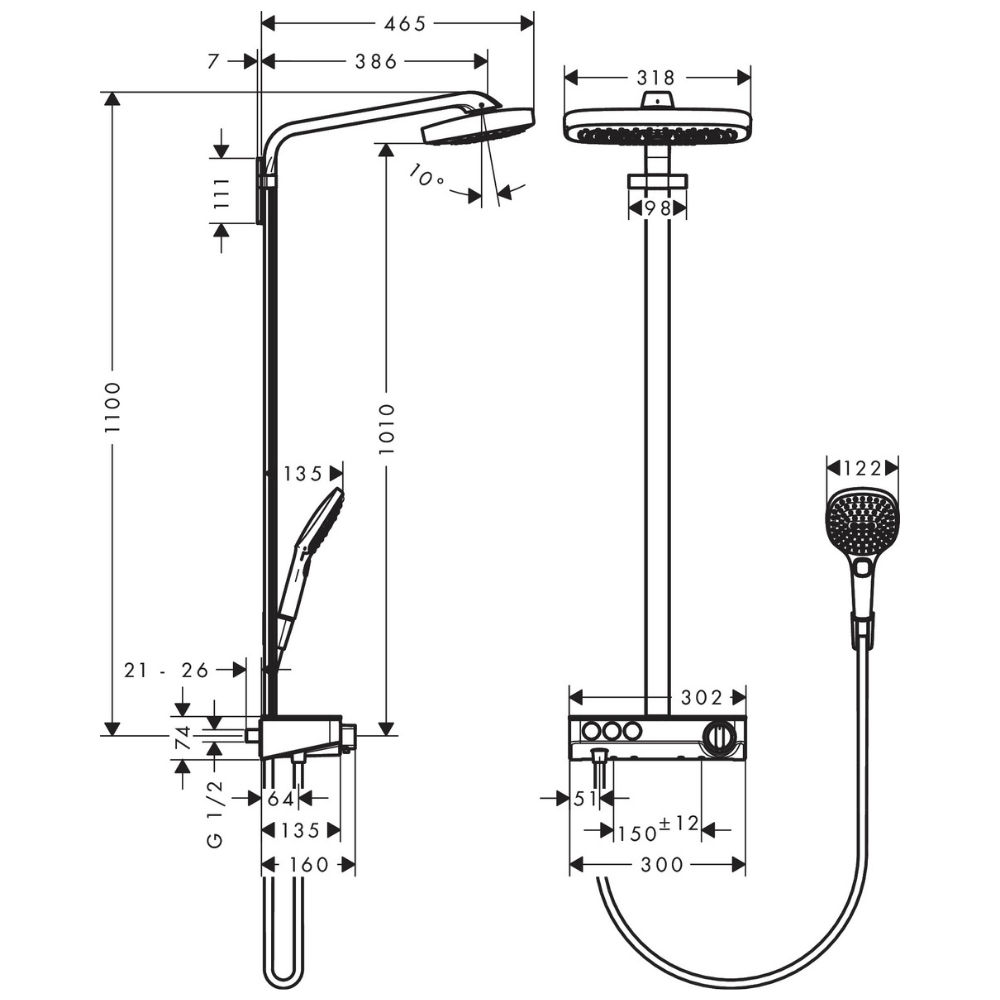 27127400 schéma technique de la colonne de douche HANSGROHE Raindance Select E 300 3jets avec mitigeur thermostatique ShowerTabl