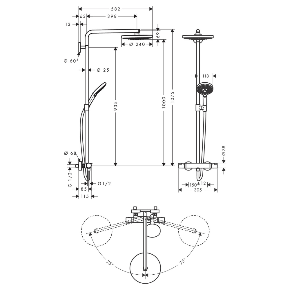 27129000 schéma technique de la colonne de douche HANSGROHE Raindance Select S 240 2jets avec mitigeur thermostatique chromé