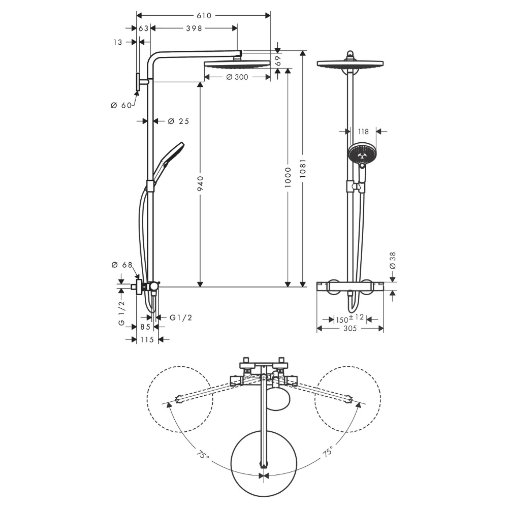 27133400 schéma technique de la colonne de douche HANSGROHE Raindance Select S 300 2jets avec mitigeur thermostatique blanc/chro