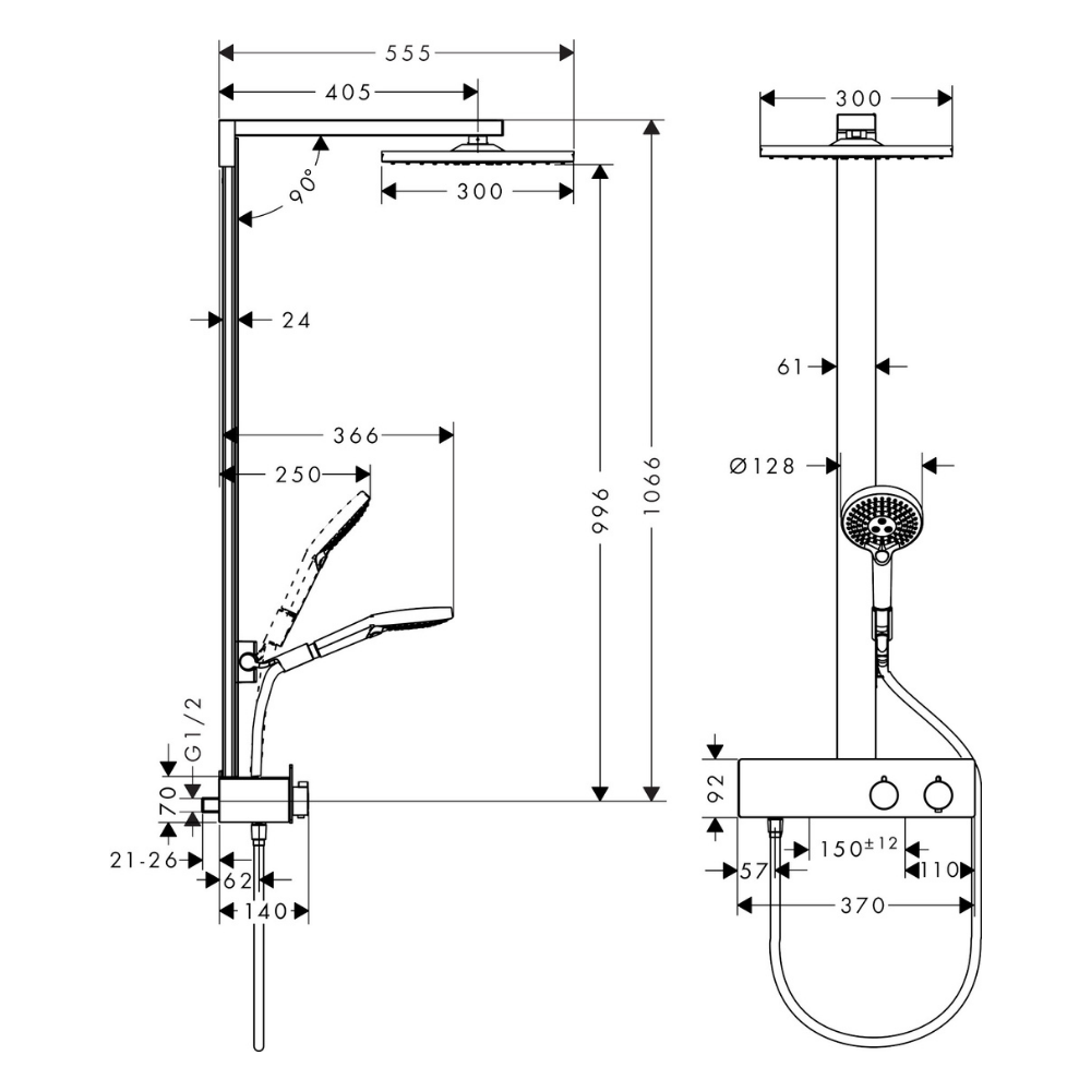 27361000 schéma technique de la colonne de douche HANSGROHE Raindance E 300 1jet avec mitigeur thermostatique ShowerTablet 350 c