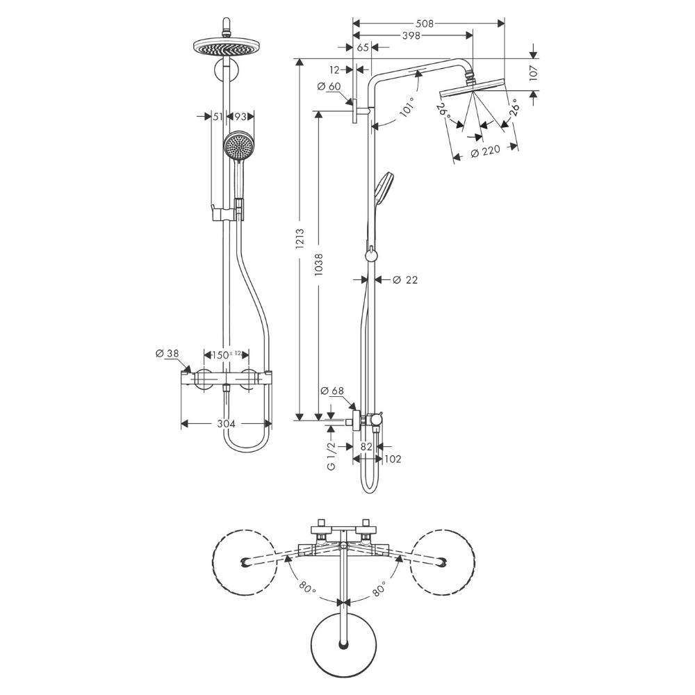 27185000 schéma technique de la colonne de douche HANSGROHE Croma 220 1jet avec mitigeur thermostatique chromé