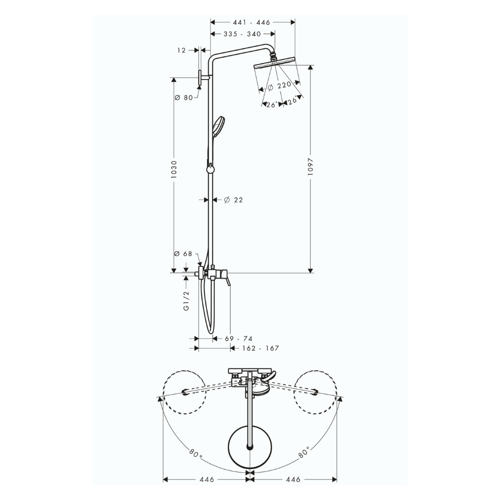 27222000 schéma technique de la colonne de douche HANSGROHE Croma 220 1jet avec mitigeur mécanique chromé