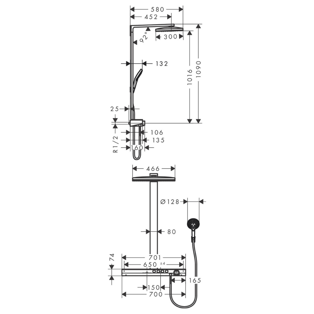 27106400 schéma technique de la colonne de douche HANSGROHE Rainmaker Select 460 3jets avec mitigeur thermostatique blanc/chromé