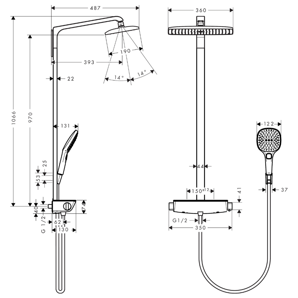 27112000 schéma technique de la colonne de douche HANSGROHE Raindance E 360 1jet avec mitigeur thermostatique chromé