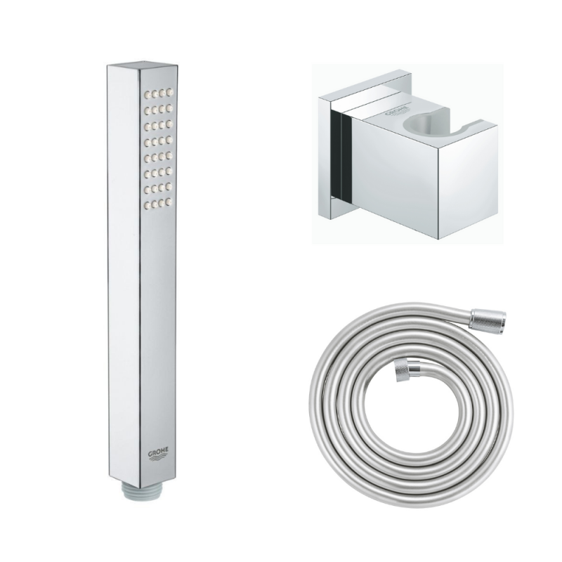 27507000_27693000_26392000 pack flexible de douche GROHE Twistfree VitalioFlex Silver 2000 chromé + Support mural cube Grohe Eup