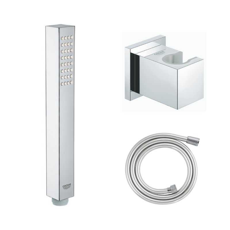 27505001_27693000_26392000 pack flexible de douche GROHE Twistfree VitalioFlex Silver 1500 chromé + Support mural cube Grohe Eup