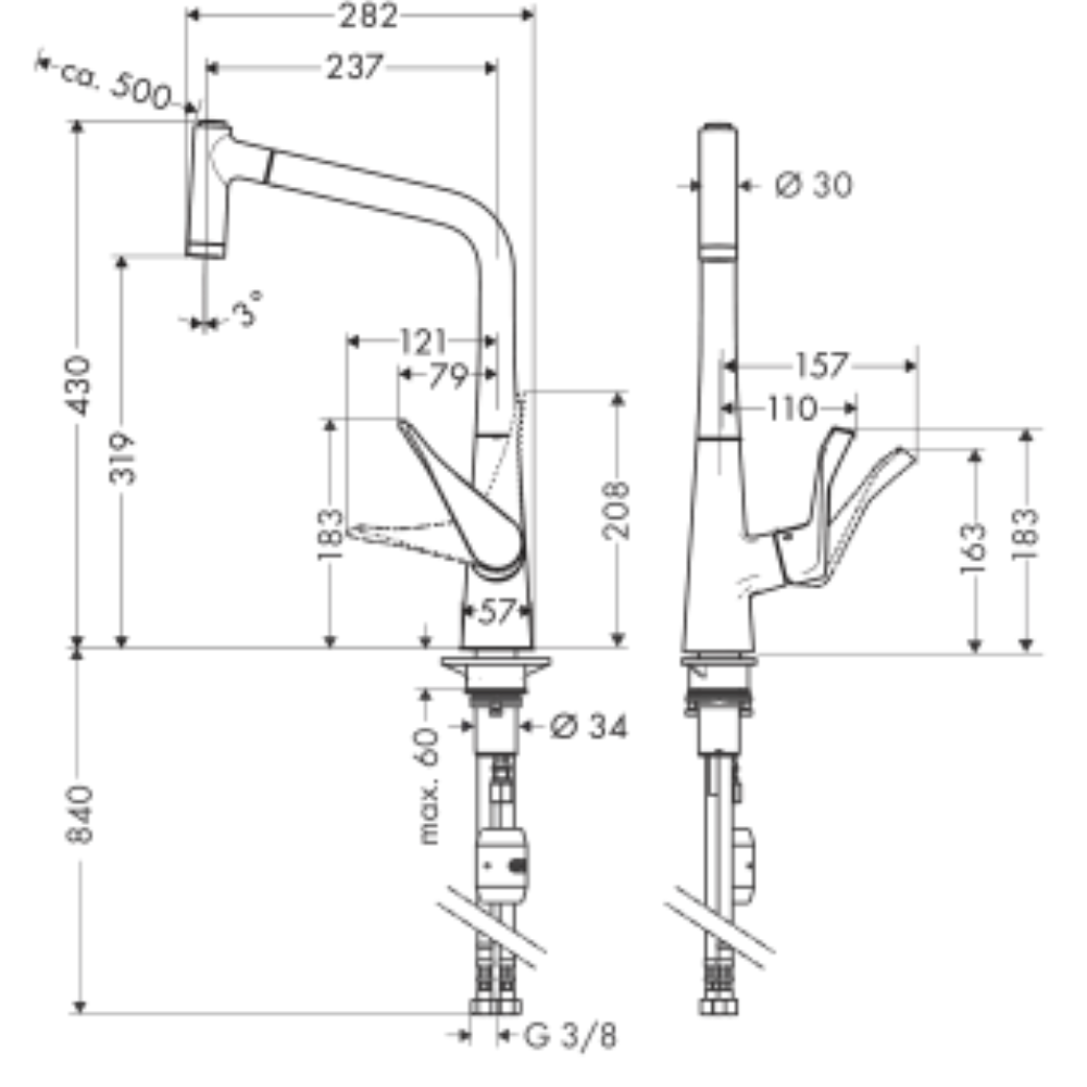 schéma Mitigeur cuisine HANSGROHE Metris M71 320 douchette extractible 2 jets chromé