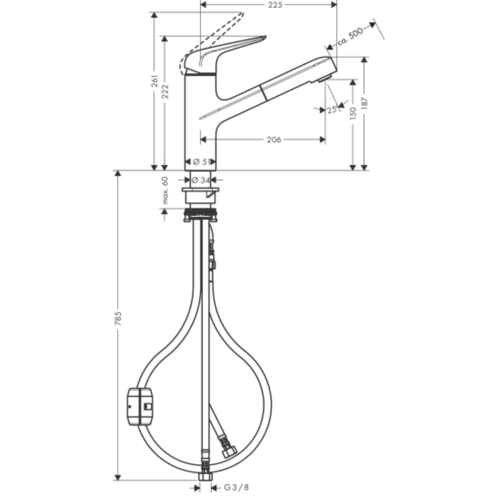 schéma Le mitigeur de cuisine HANSGROHE Focus M42 150 douchette extractible chromé
