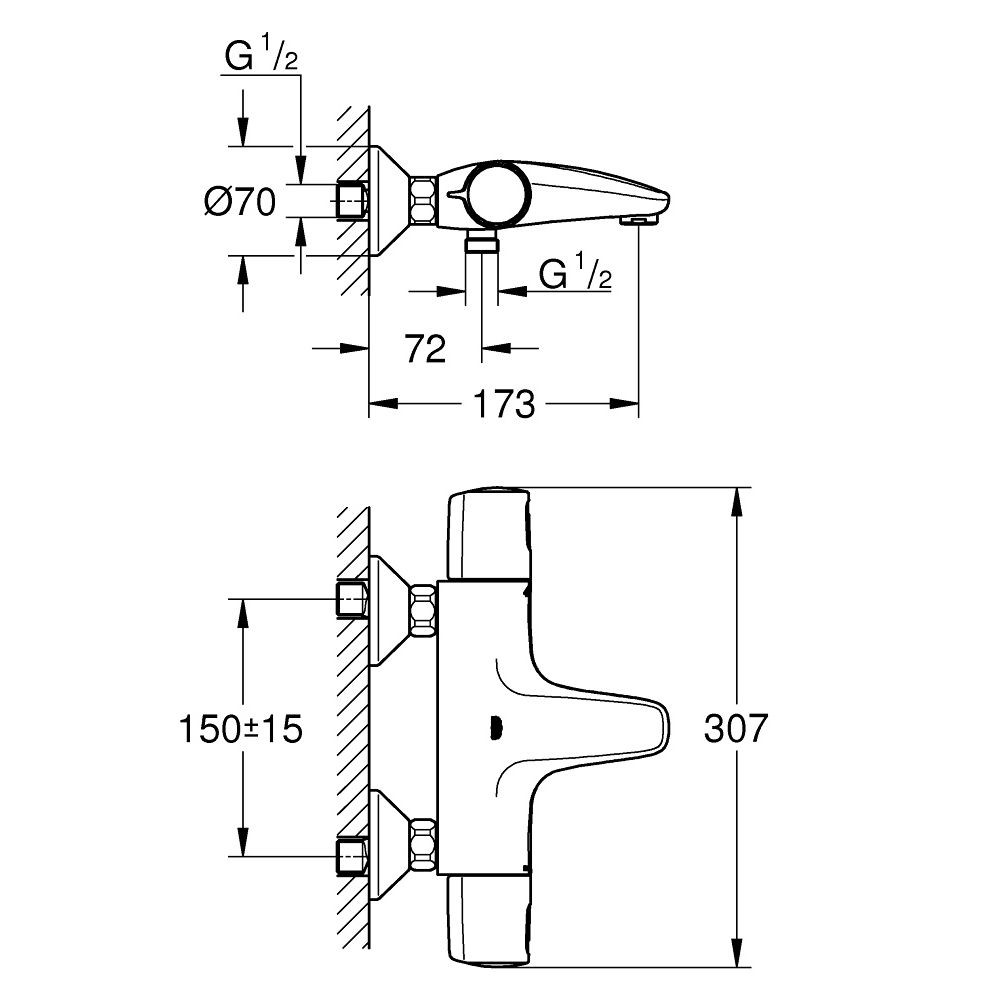 Dimensions Mitigeur thermostatique Grohe Precision Trend bain / douche + Flexible de douche GROHE Twistfree VitalioFlex Silver 2