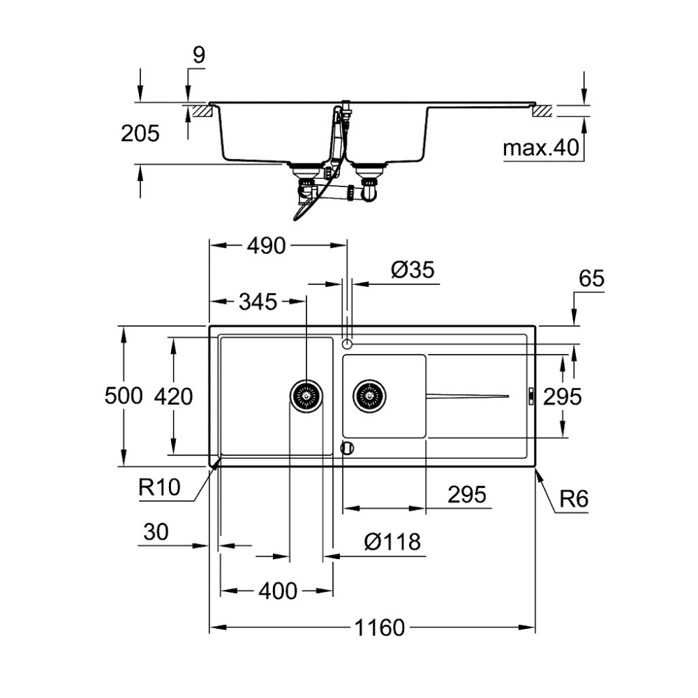 31643AP0 schéma technique de l'évier composite avec égouttoir K400 Noir Granite GROHE 31643AP0