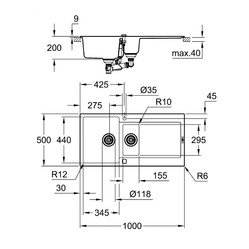 31646AT0 schéma technique de l'évier composite avec égouttoir K500 Gris granite GROHE