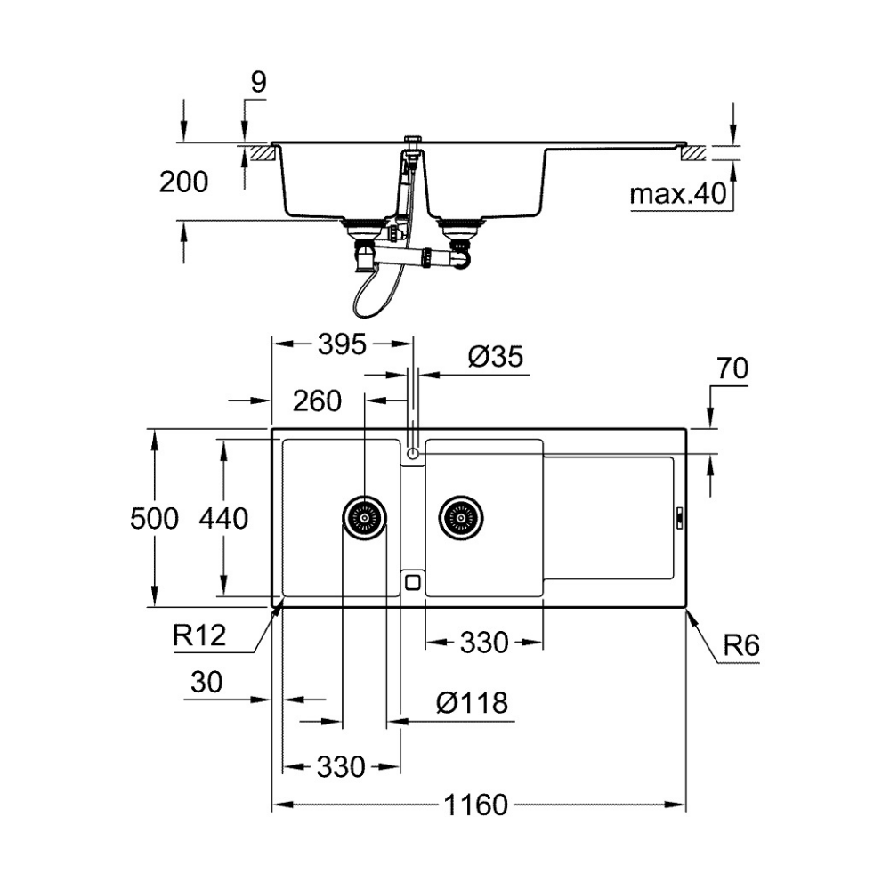 31647AT0 schéma technique de l'évier composite avec égouttoir K500 Gris granite GROHE